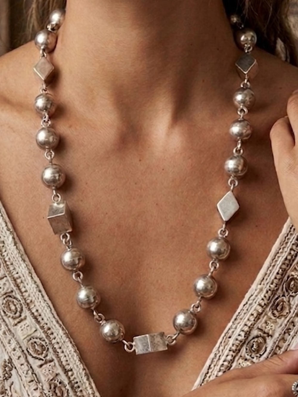 Vintage 86g Taxco Mexico Sterling Silver Geometric Bead Necklace 22 inches